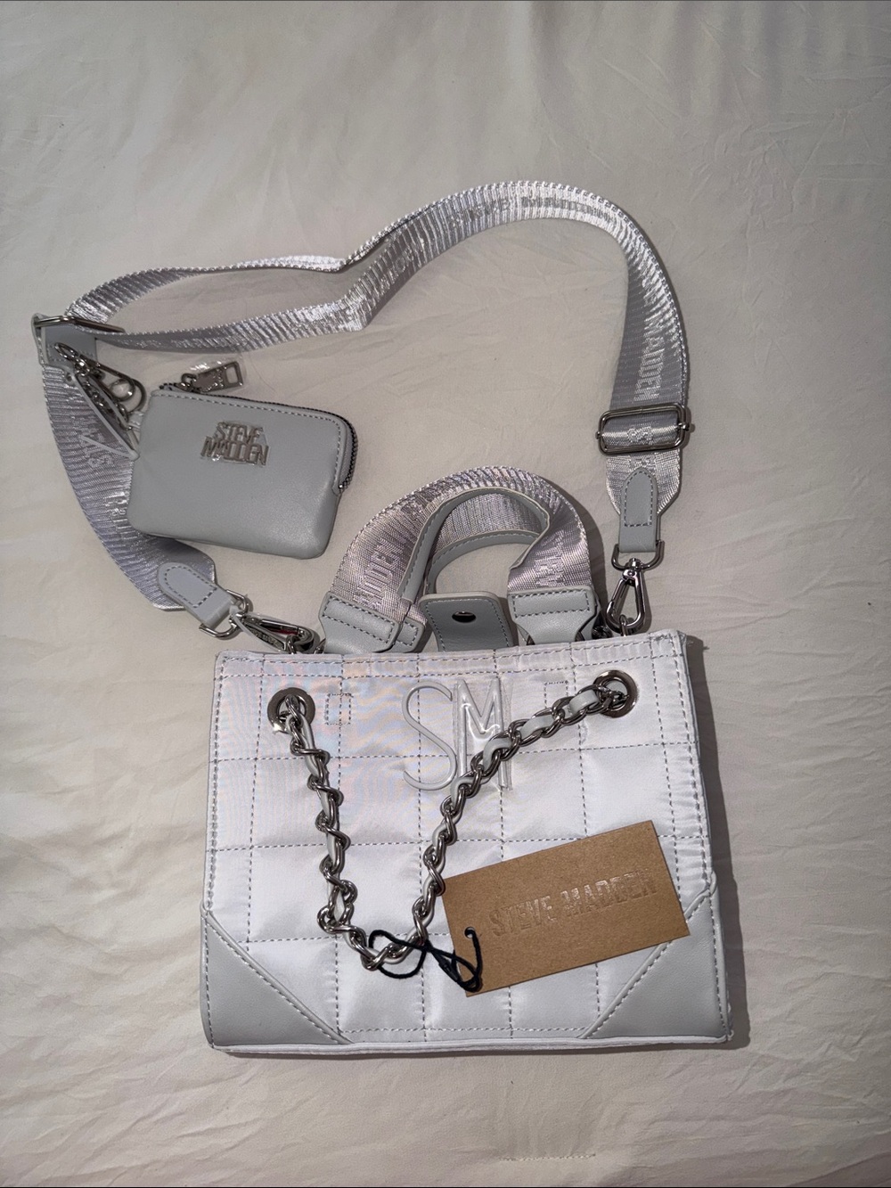 Steve Madden White Quilted Mini Tote with Silver Chain and Detachable Strap